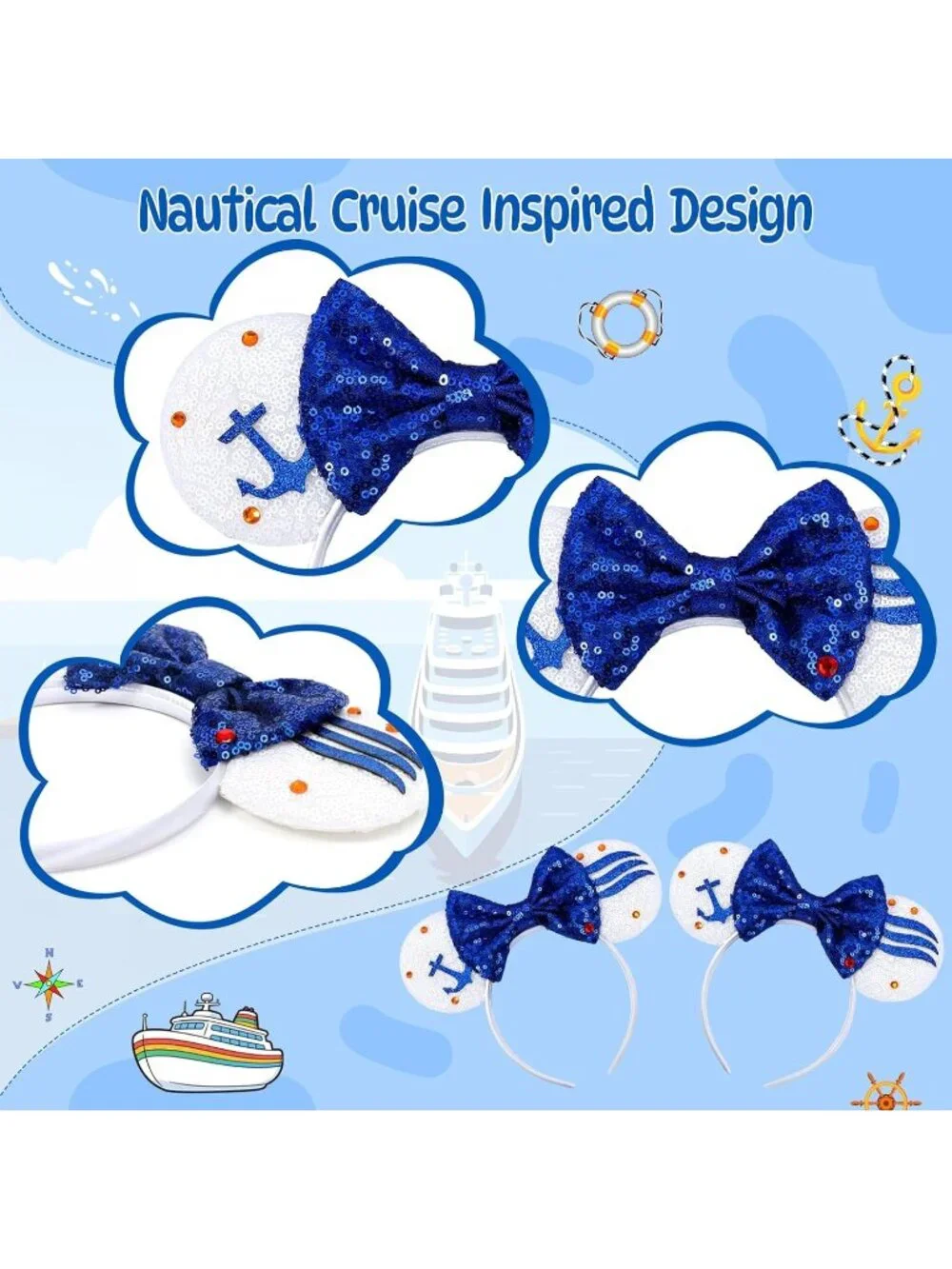 Women Blue Sparkly Sequin Mickey Mouse Costume Headband For Cosplay 2PCS